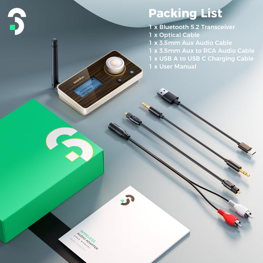 SOOMFON aptX LL & HD Bluetooth 5.2 Sender Empfänger, 3-in-1 HiFi Bluetooth Adapter Transmitter Receiver für TV, Stereoanlage & Kopfhörer, Lautstärke Regeln, Duale Verbindung, Aux/Optisch/RCA