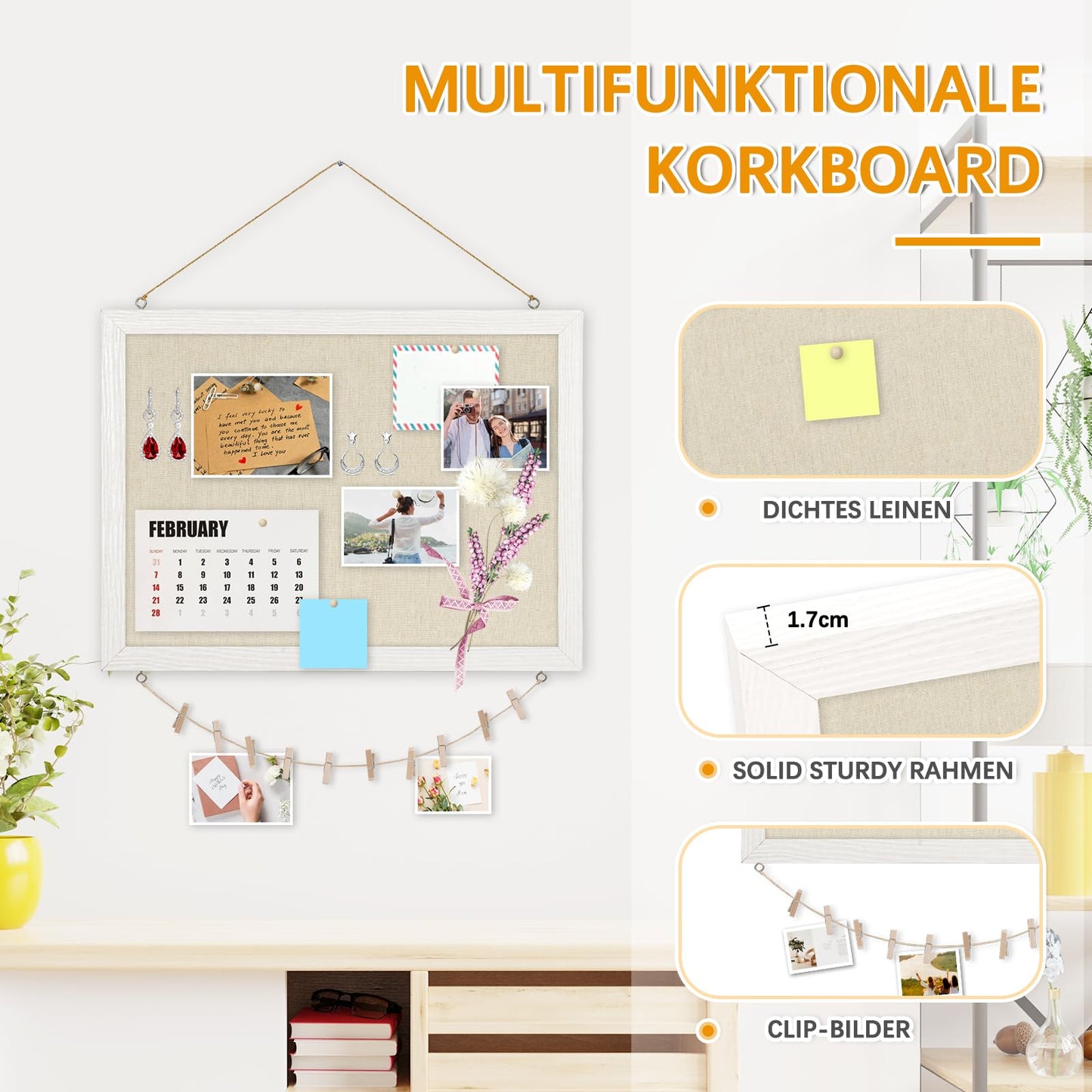 DOLLAR BOSS Pinnwand Kork mit Leinen 30×40CM Korkwand Pinnwand Klein, Pinwand mit Weißem Rahmen Doppelseitige Korktafel Für Zuhause, Küche, Büro, Dekoratives Aufhängen mit 10 Reißzwecken 1 Stück