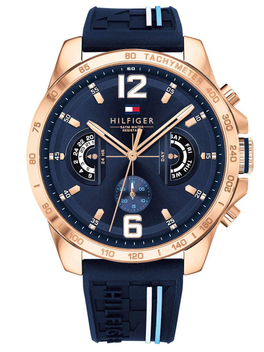 Tommy Hilfiger Analoge Multifunktionale Quarz-Uhr für Herren 46mm - Marineblaues Zifferblatt mit Silikonarmband, Funktionen für Tag, Datum und 24 Stunden, Wasserdicht bis 5ATM - 1791474