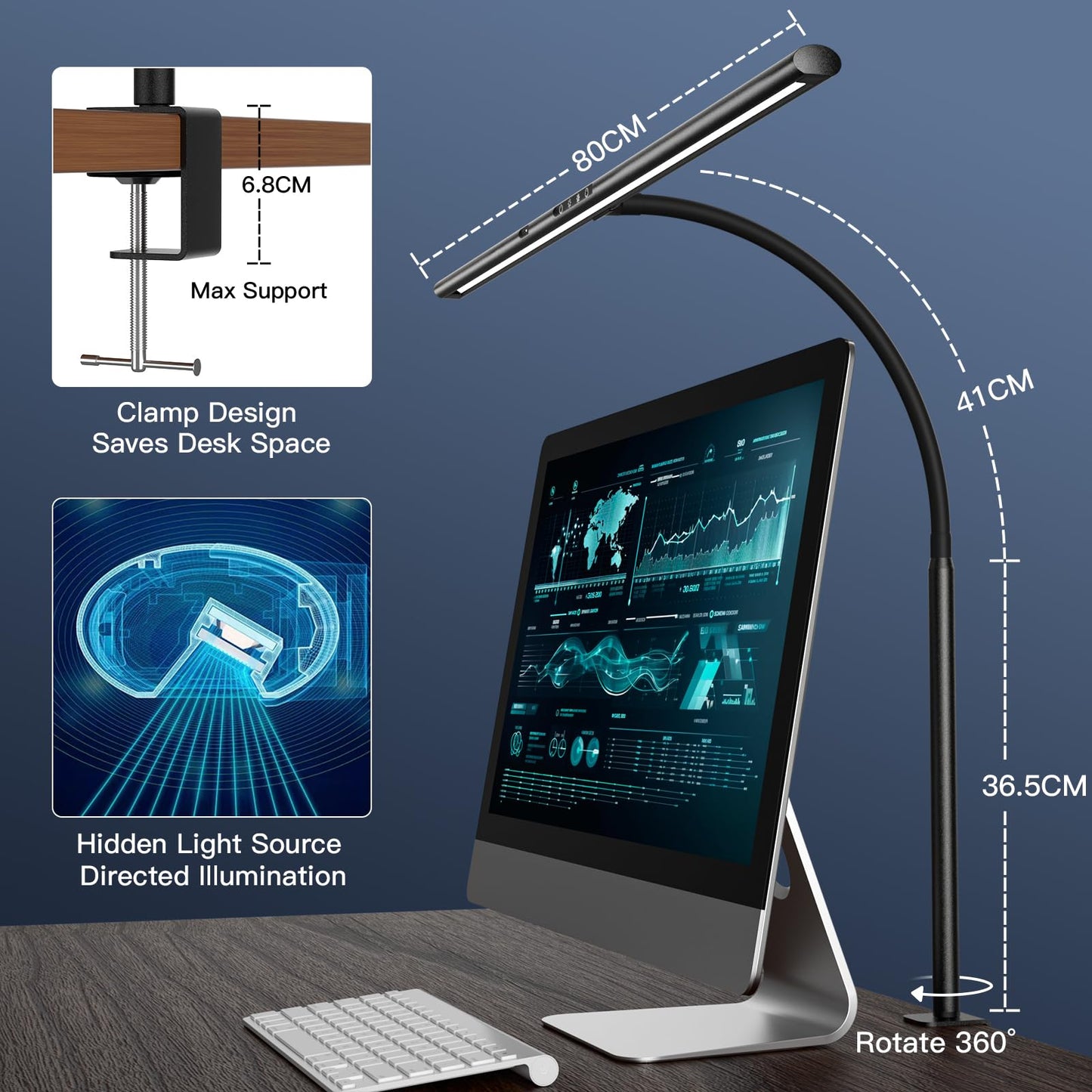 EYOCEAN Schreibtischlampe LED mit Gestensteuerung & Fernbedienung, 24W 80CM Klemmbare Dimmbare Monitor Lampe, Tageslichtlampe für Arbeiter in Büro Leser Architekenden Schneider