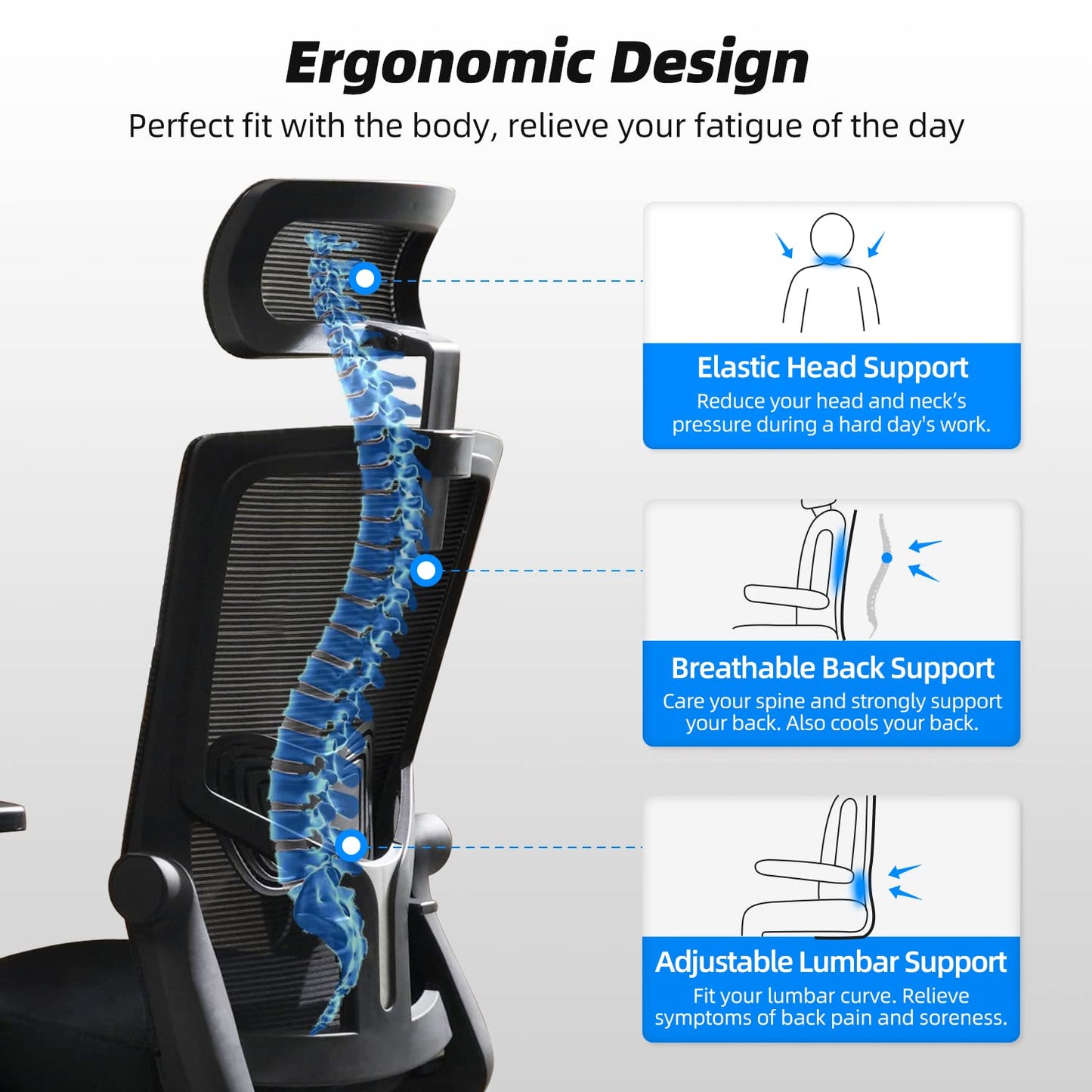 Daccormax Bürostuhl Ergonomisch, Schreibtischstuhl mit Verstellbarer Kopfstütze, Armlehnen, Lendenwirbelstütze, Drehstuhl Wippfunktion, Chefsessel aus Mesh,Rückenschonend, Bürostuhl 150kg