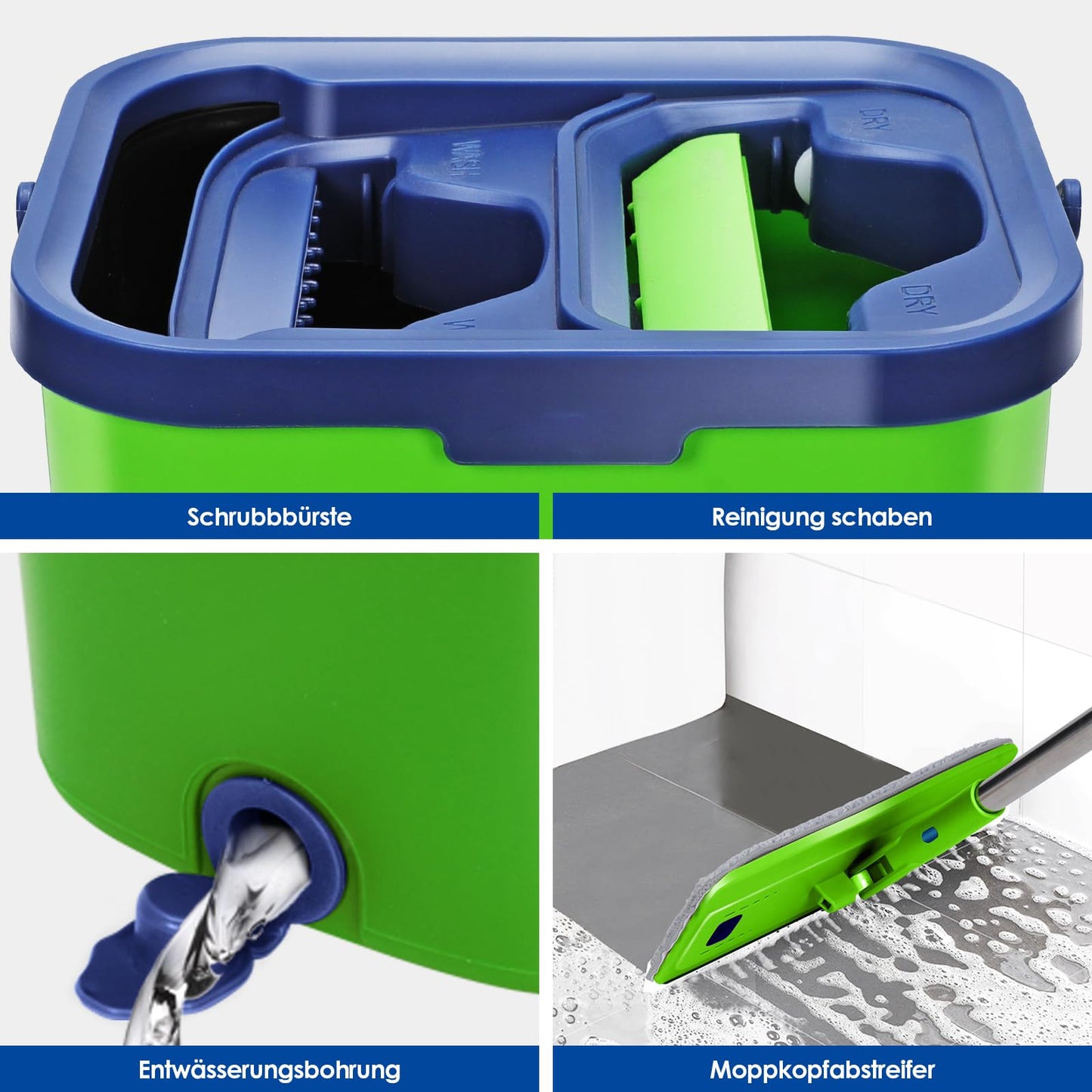 Myiosus Wischmopp Set mit Eimer, Bodenwischer, 2 in 1 Putzeimer mit Wischmop, 138cm Flachmopp für Bodenreinigung und Wandreiniger, 360° Wischmopp mit Auswringfunktion für Alle Böden-5 Mikrofaser Pads