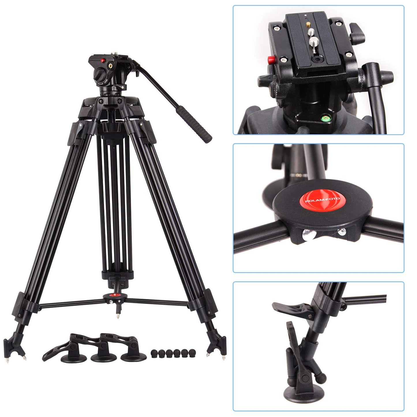POLAM-FOTO 163cm Professionelles Video Stativ mit Fluidkopf, Hochleistungs-Aluminium-Doppelrohrstativ,Traglast 8 kg, strapazierfähigen Stativ für Videokameras