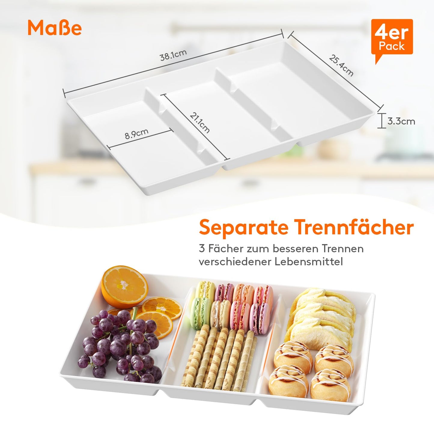 Lifewit Geteiltes Serviertablett, Plastik, 4 Stck. weiß, Wiederverwendbare Tabletts für Speisen, Tee/Getränke/Snacks Tablett für Küche, Bar, Restaurant, 38,1 x 25,4 cm