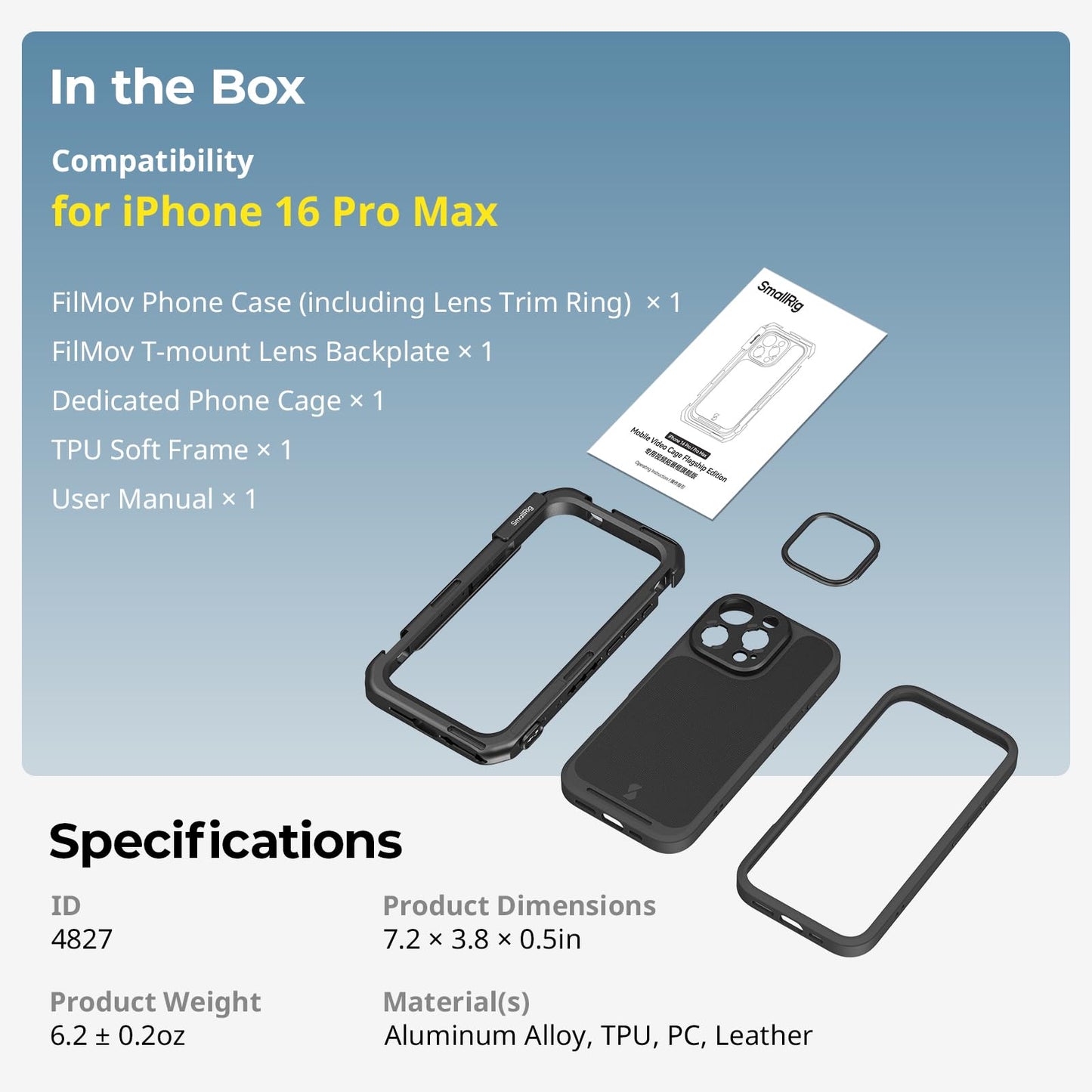 SMALLRIG Mobile Video Cage für iPhone 16 Pro, Telefonkäfig mit Telefonhülle mit T-Mount-Objektivrückplatte, Unterstützung für MagSafe, Schnellverschluss-Telefonvideo-Rig für Videografie, – 4828
