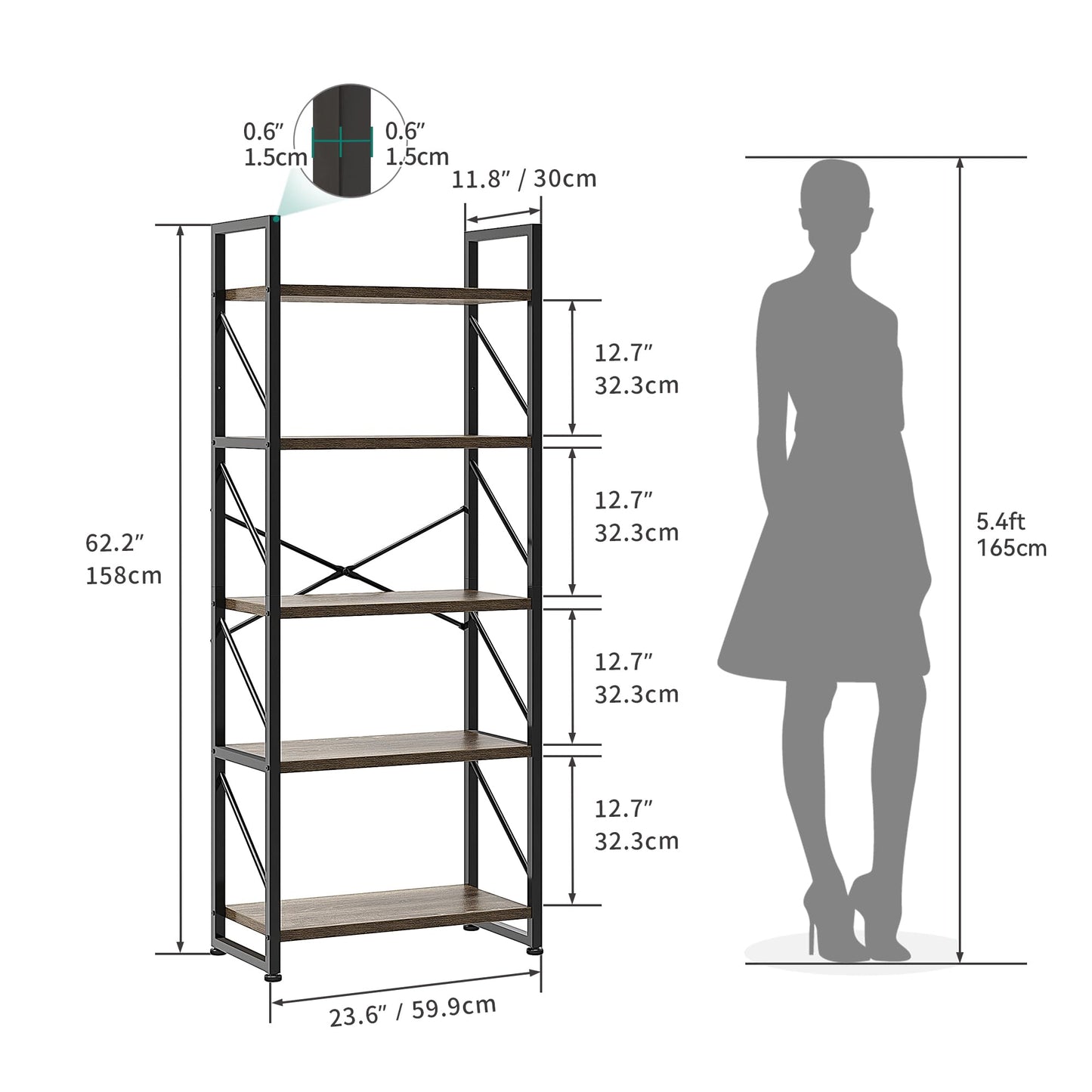 YITAHOME Bücherregal mit 5 Ebenen, Industrielles Standregal Aufbewahrungsregale für Wohnzimmer Bücher Schlafzimmer Büro Küche Zeitschriften, Grau