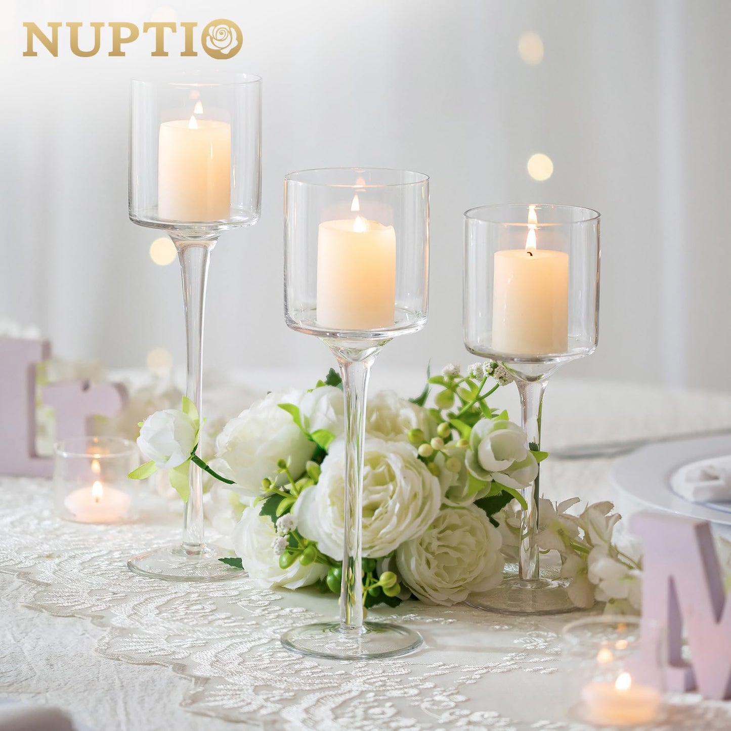 Nuptio Teelichthalter 3 Stück Glas Kerzenhalter für Teelicht & Schwimmkerzen Hohe Elegante Stumpenkerzenhalter für Hochzeit Party Tisch Weihnachten Tafelaufsätze Wohnzimmer Heimdekoration