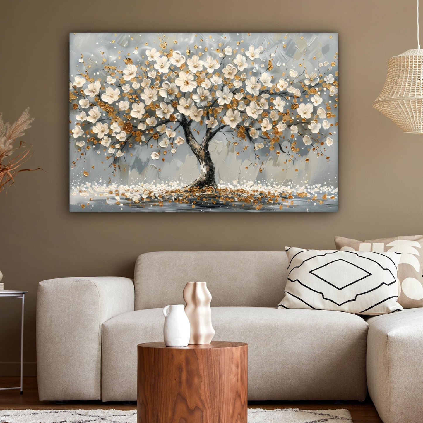 MuchoWow© Leinwand Bilder Groß 120x80 cm XXL Wanddeko Wohnzimmer Aesthetic Room Decor Deko Zimmer Wandbilder Modern Bild auf Leinwand Baum - Blumen - Weiß - Natur - Kunst