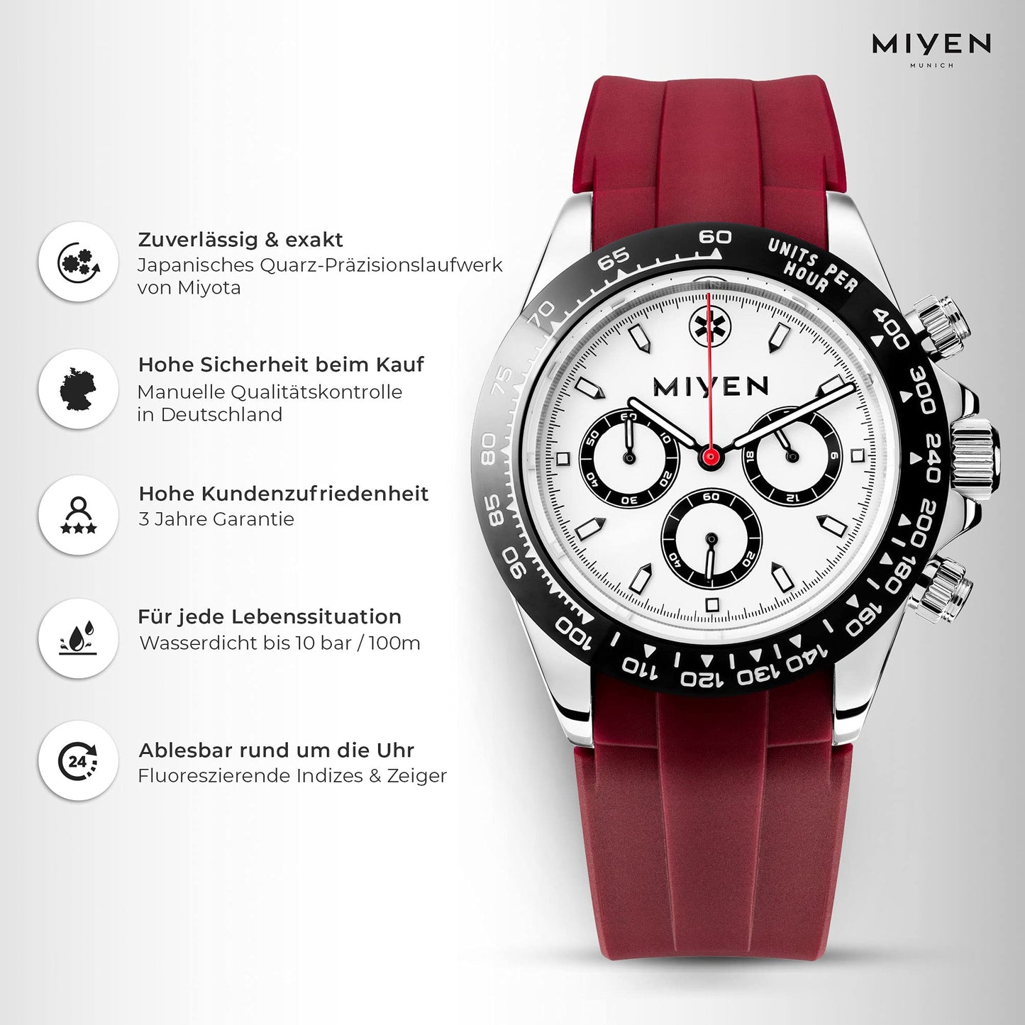 MIYEN MUNICH Voyager Herren Uhr - Chronograph mit Miyota Quarz Präzisionslaufwerk Saphirglas & Tachymeter Funktion – Silber Uhr Herren (Schwarz/Rot)