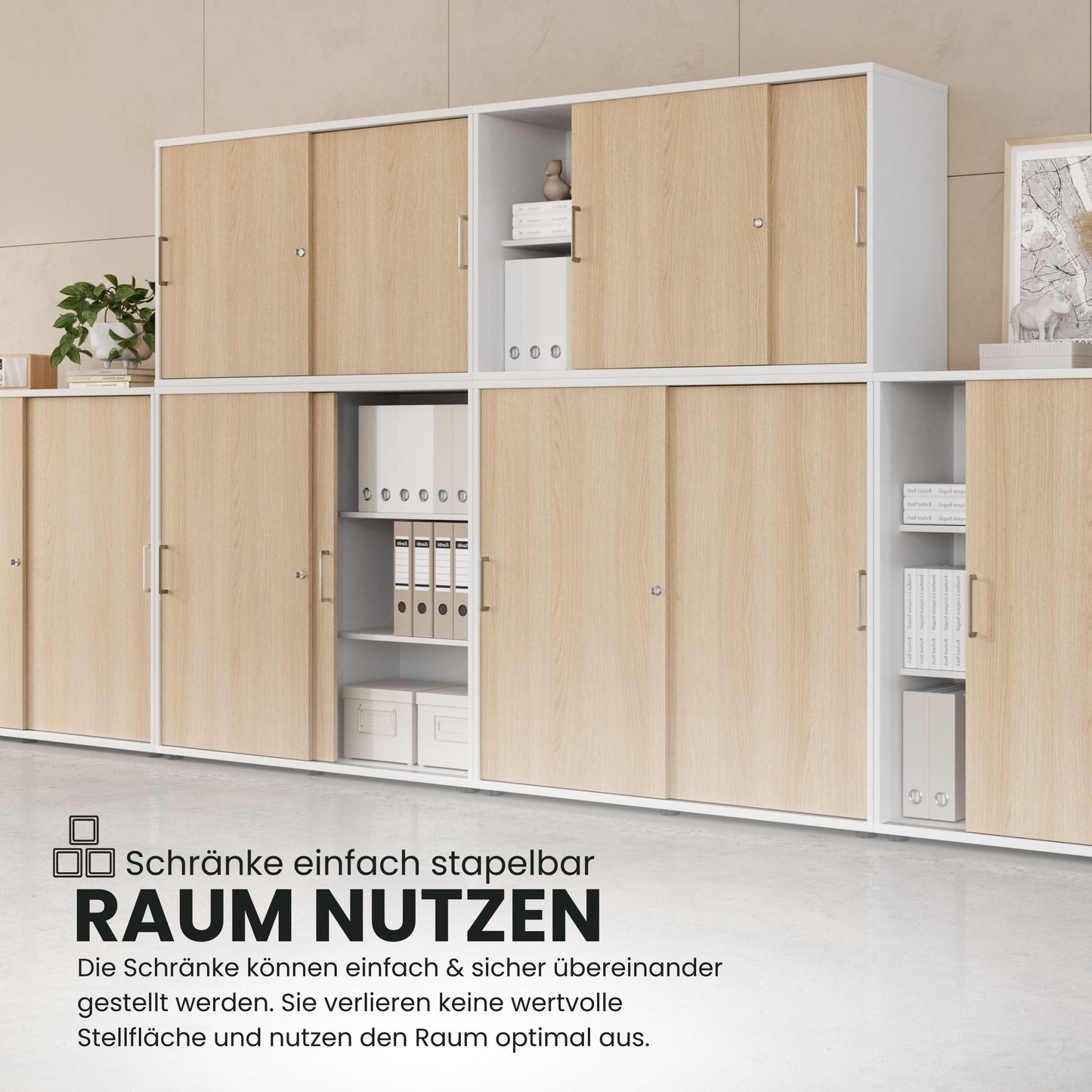 bümö Schiebetürenschrank 3OH - Aktenschrank abschließbar, Sideboard Schrank mit Schiebetüren in Weiß/Eiche - Büroschrank aus Holz mit Schiebetür, Büro Kommode für Ordner & Co.