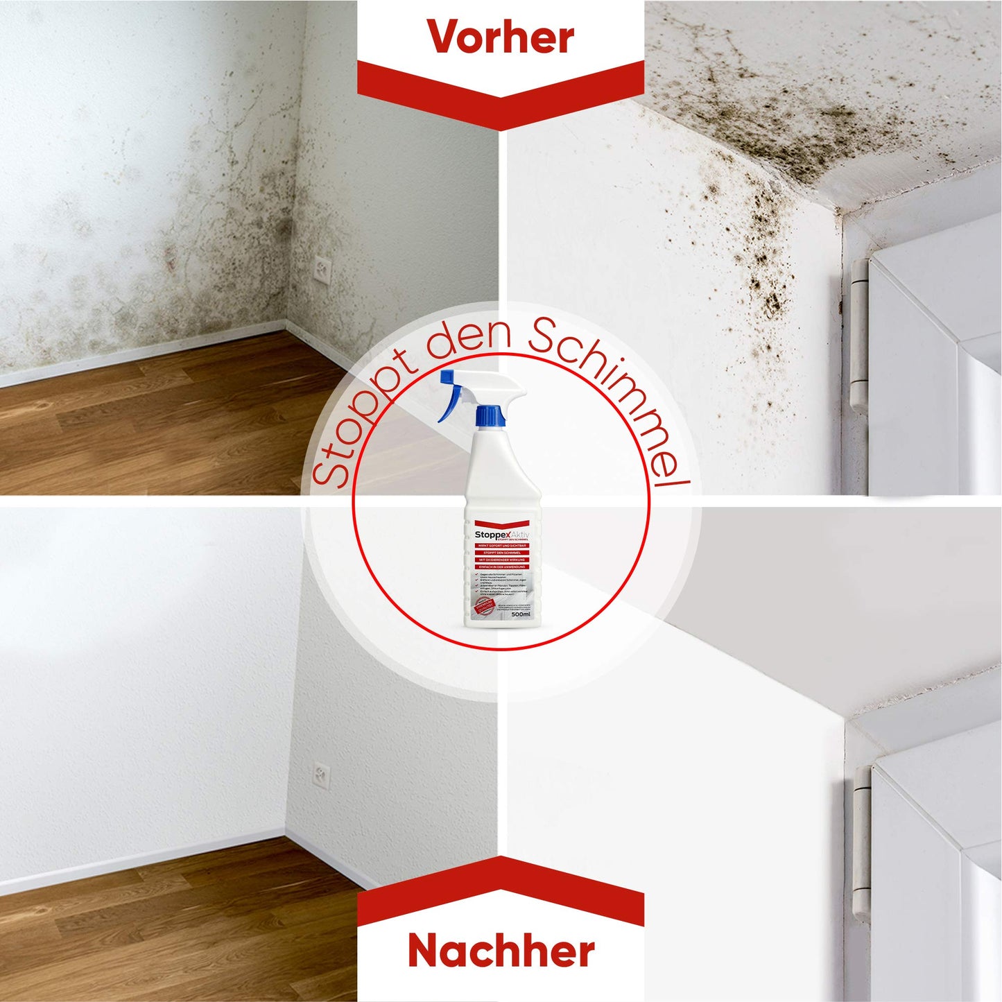 Stoppex® Aktiv-Profi Schimmelentferner gegen Schimmel für Wand, Bad und Silikonfugen I Extrastarker, chlorhaltiger Anti Schimmelspray gegen Stockflecken u. Schimmelpilz