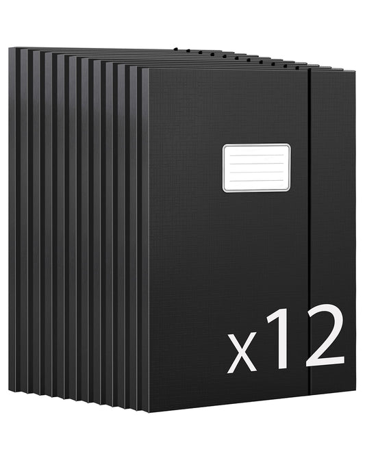 JiaWei 12 Stück 11mm Breite Sammelmappe A4 aus Karton, Aus 350g/m² extra starkem Karton mit 3 Klappen Für Din A4 Mappe, Mit Namensfeld & Gummizug, für Archivbox Aktenbox Dokumentenbox - Schwarz