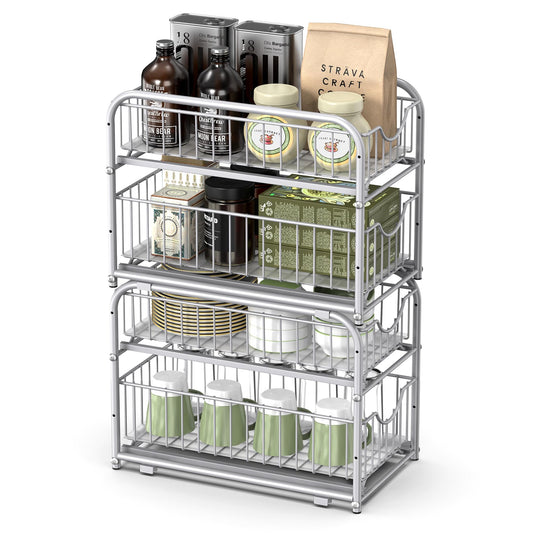 SONGMICS Küchenschrank Organizer, Küchenregal, Ordnungssystem, 2 Ebenen, stapelbar, erweiterbar, mit Metallkörben, für Küche, metallisches Silber KCS017E01