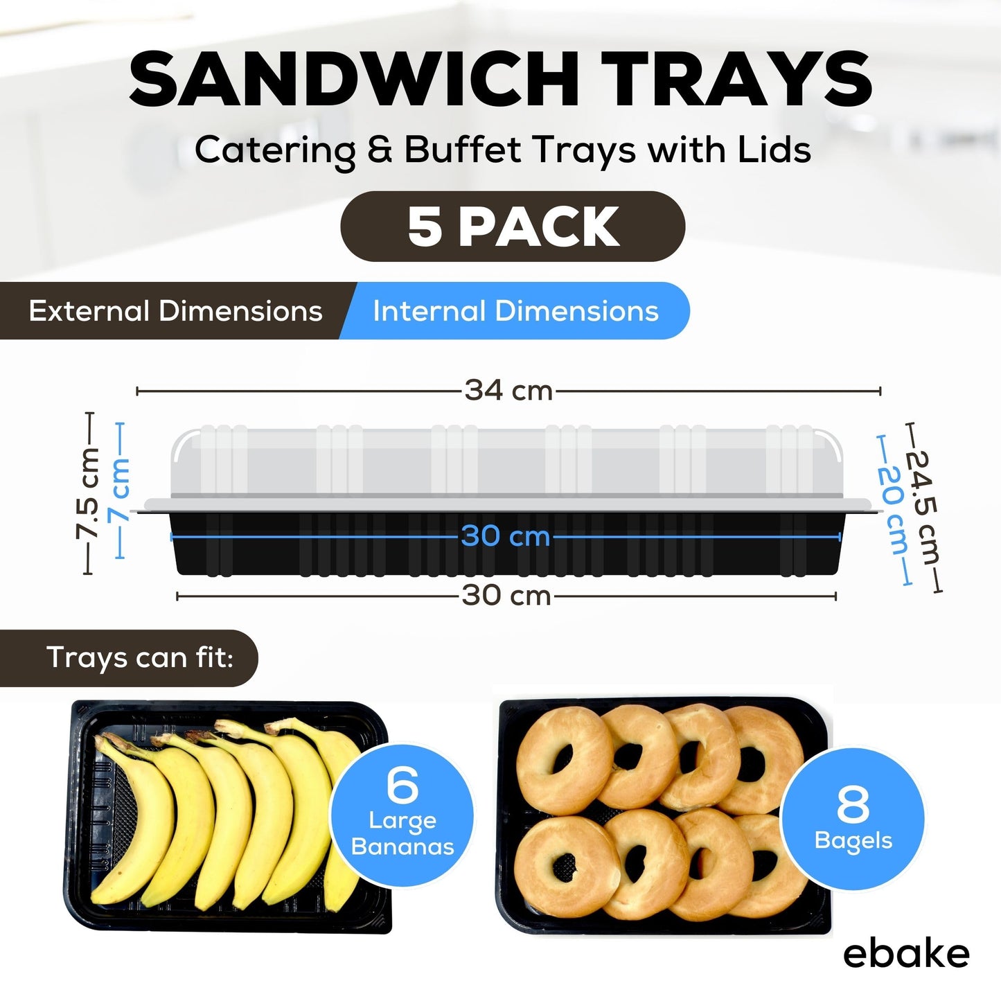 ebake Mehrweg Servierplatte mit Deckel (5 Stk. à 34 x 24,5 x 7,4 cm) - Meal Prep Boxen für Partys usw. - Inklusive Sticker-Etiketten