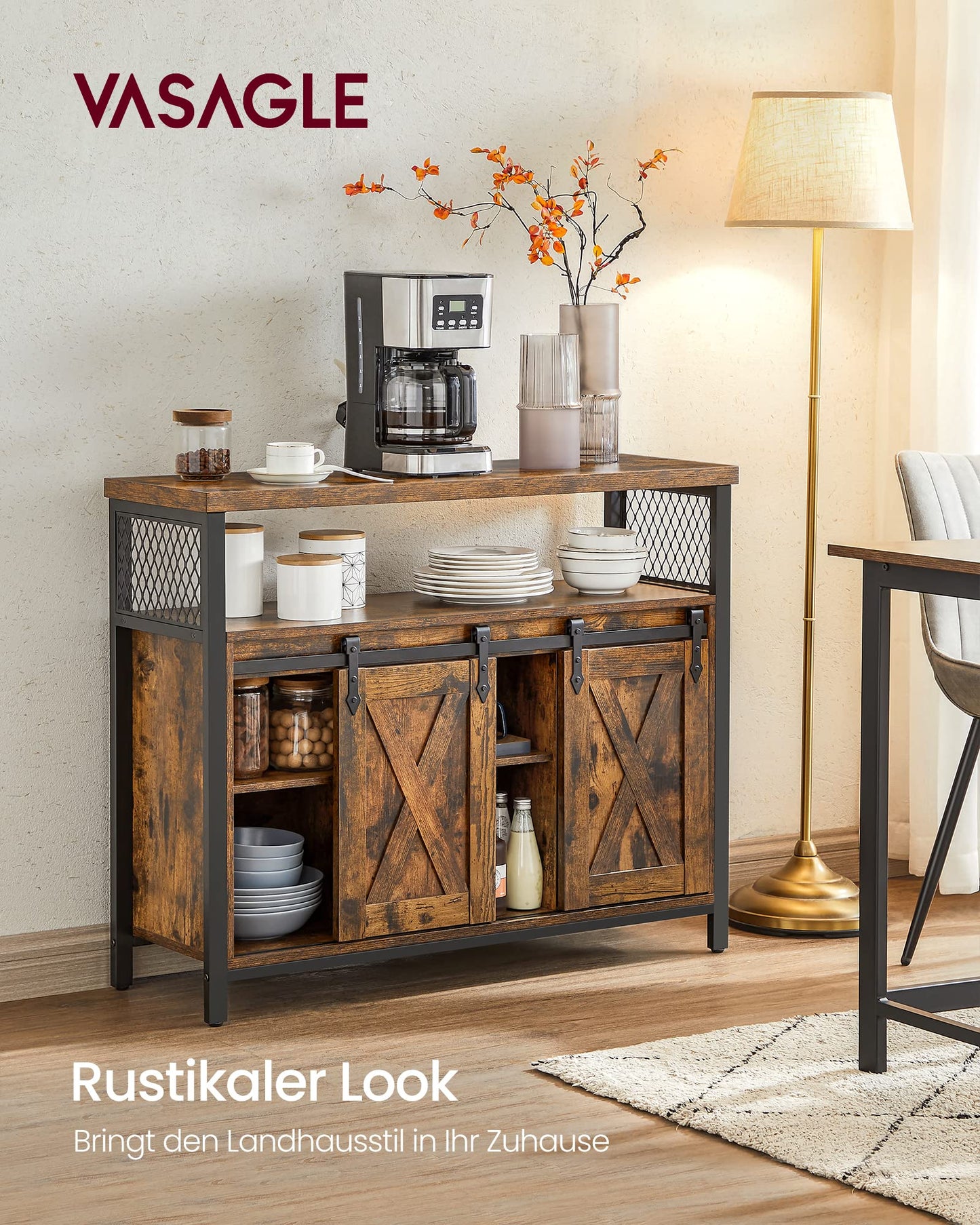 VASAGLE Sideboard, Küchenschrank, Aufbewahrungsschrank, mit 2 Schiebetüren, 33 x 100 x 80 cm, verstellbare Ablagen, Landhausstil, für Wohnzimmer, vintagebraun-schwarz LSC092B01