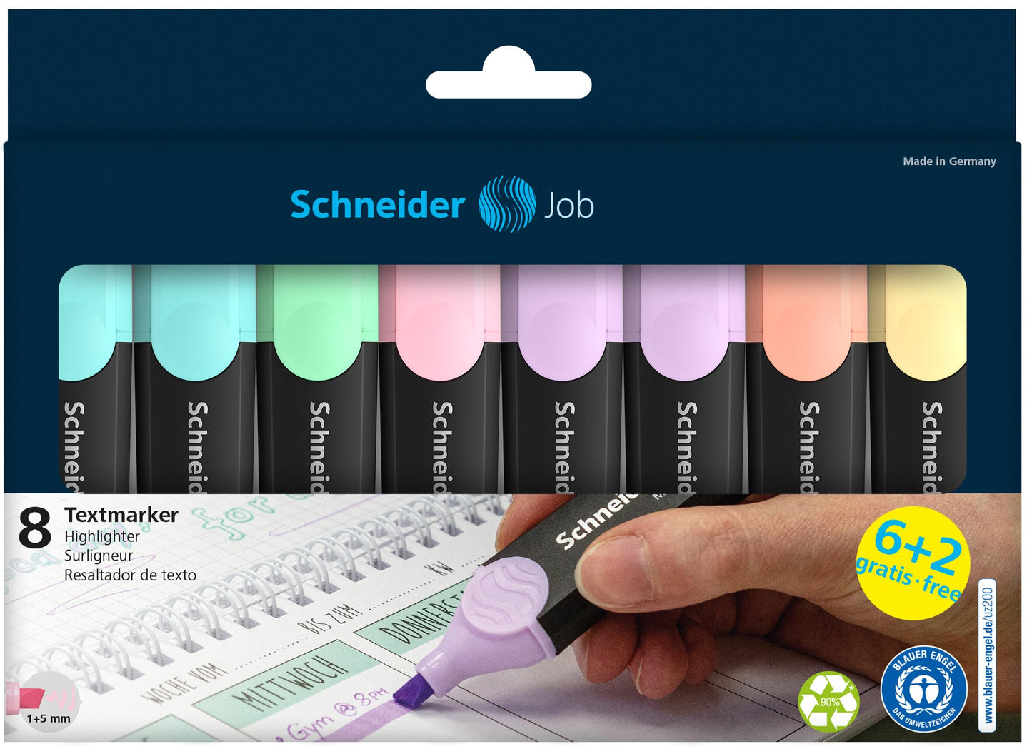 Schneider Job 150 Pastell Textmarker (aus recyceltem Kunststoff, ausgezeichnet mit Der blaue Engel) 8er Etui sortiert