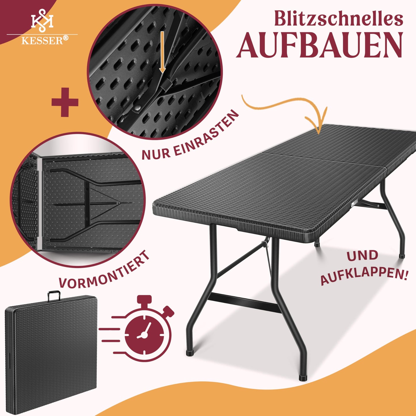 KESSER® Buffettisch Tisch klappbar Kunststoff 183x76 cm Rattan Optik Campingtisch Partytisch Klapptisch Gartentisch für Garten Terrasse und Balkon zusammenklappbar 6 Personen ink. Tragegriff Anthrazit