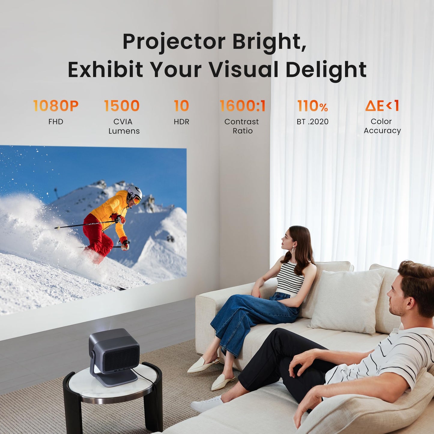 JMGO N1 Pro Beamer 1080P Full HD, MALC™ Dreifarbiger Laser Projektor Heimkino mit Android TV 11, 1500 CVIA Lumen, Sofortige Anzeigekorrektur, 360°Integrierter Kardanischer, 10W*2 Dynaudio Lautsprecher