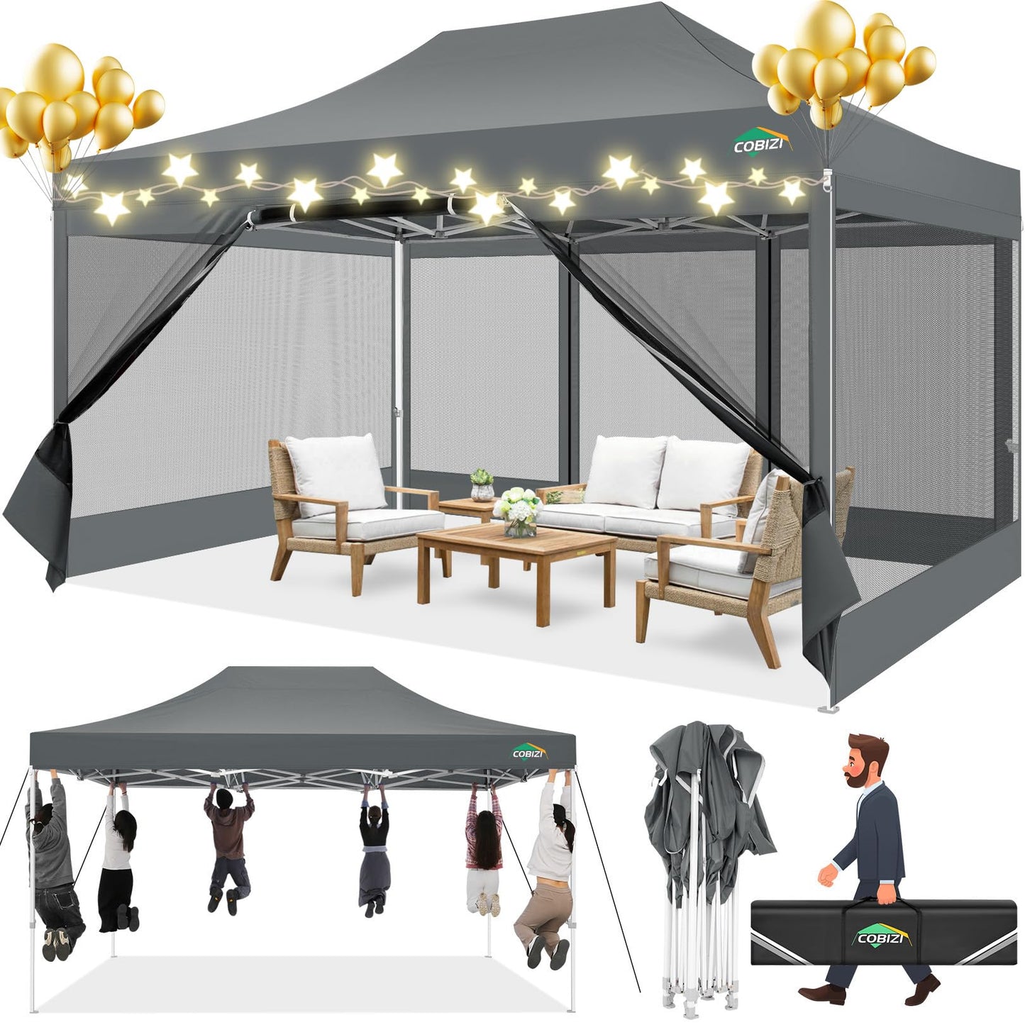 COBIZI Pavillon 3x4,5 Faltpavillon 3x4,5 Wasserdicht Stabil, Pop up Pavillon Faltbar, Partyzelt Gartenpavillon, Pavillion Klappbar 3x4,5 UV-Schutz mit 4 Seitenwänden aus Mesh, Grau