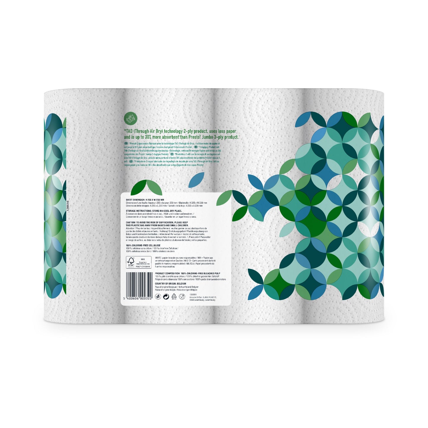 Amazon-Marke: Presto! TAD Küchenrolle, Extra Saugfähig, 32 Rollen (4 Rollen, 8-er Pack), 51 Blätter pro Rolle, Auswringen und Wiederverwenden, FSC-zertifiziert
