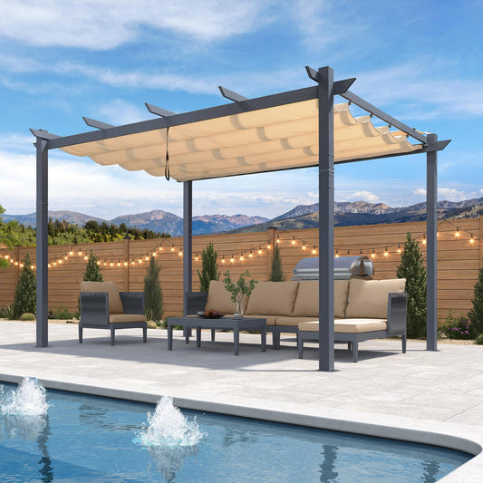 PURPLE LEAF Pergola 3 x 4 m Wasserdicht Stabil Winterfest, Aluminium Garten Pavillon mit Schiebedach, Terrasse Pavillon Dunkelgrau Rahmen mit Sonnenschutz Überdachung, Beige