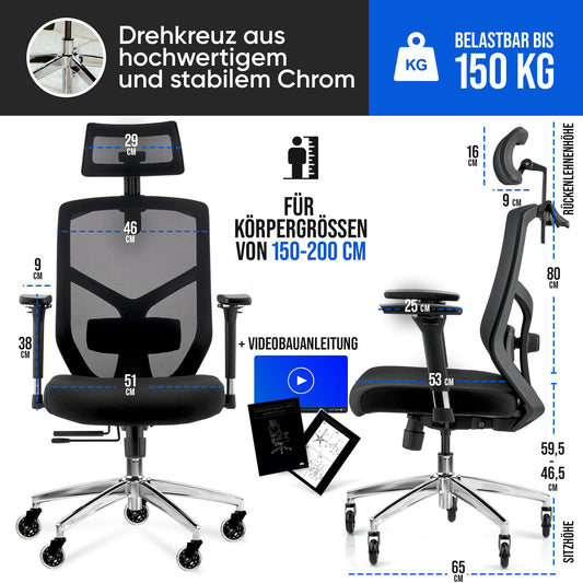 ELITESEATS Bürostuhl Ergonomisch Zertifiziert Schreibtischstuhl 4D Armlehnen | Büro Stuhl [Leise, Kratzerfreie Rollen] Home Office Chair 2D Lordosenstütze Ergonomischer Computerstuhl, Drehstuhl 150kg
