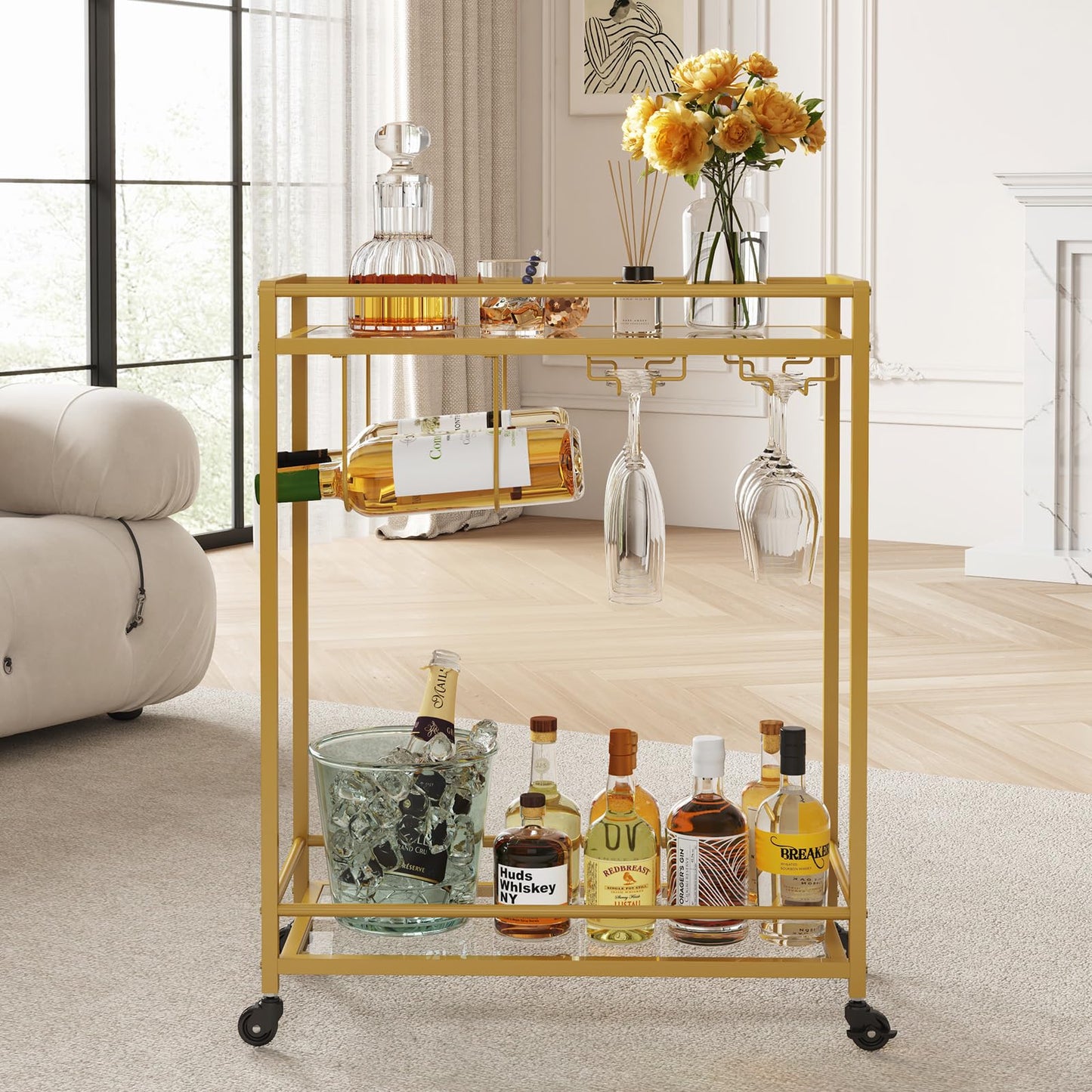Lifewit Barwagen, Servierwagen mit 2 Etagen Glasböden, rollender Alkoholwagen mit feststellbaren Rädern, Glashalter und Weinregal, Getränkewagen für Küche, Esszimmer und Wohnzimmer, Gold