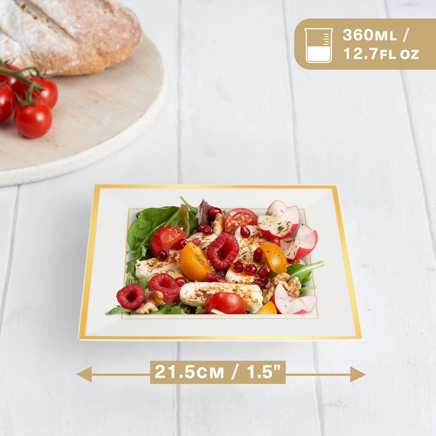 MATANA 20 Weiße Quadratische Plastikschalen mit Goldrand, Suppenteller, Suppenschalen (360ml) - Suppenschüssel für Hochzeiten, Geburtstage, Weihnachten, Partys - Mehrweg & Stabil