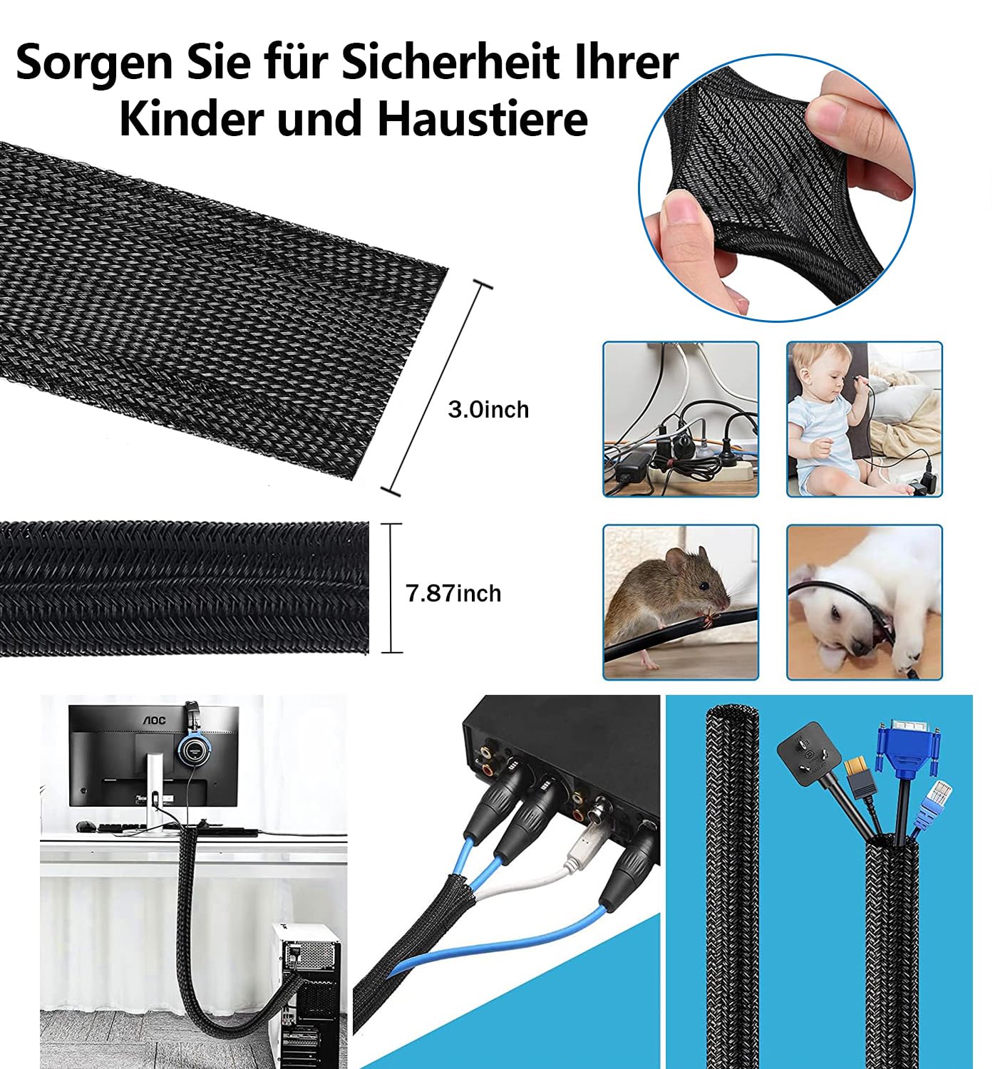 Moseem Kabelmanagement 142Pcs, 1Cable Management Kabelschlauch(2m),100 Kabelbinder Befestigen,1Selbstklebende Klettband,10 Silikon Kabelhalter,10 Kabelhalter,10 Kabelklemmen,10 Kleiner Basishalter