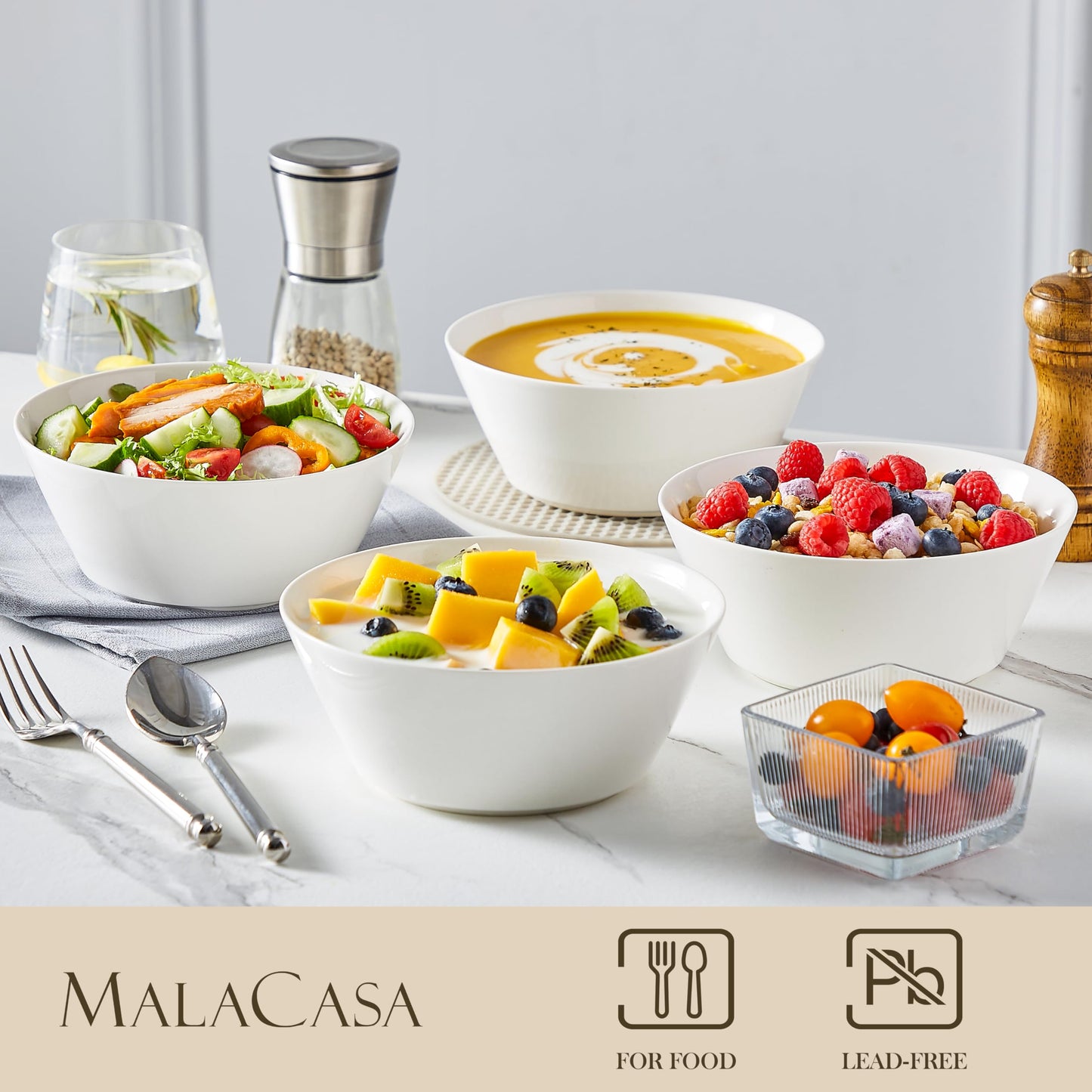MALACASA Serie REG, Salatschüssel Set, Suppenschalen, 970ML Müslischale Groß, Suppenschalen mit Breitem Durchmesser, Schüssel Set aus Porzellan, Ramen Schüssel, Weiß, 4er Pack