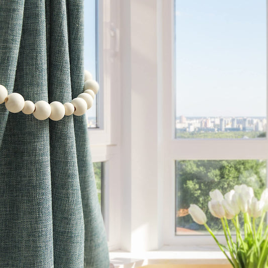 OCIOLI 2 Stück Holzperlen Vorhang Raffhalter Boho Vorhang Raffhalter Vorhang Halter für Wand Bauernhaus Vorhang Raffhalter Fensterbehandlung Vorhang Raffhalter mit Haken Gardinenhaken (2, Holz)