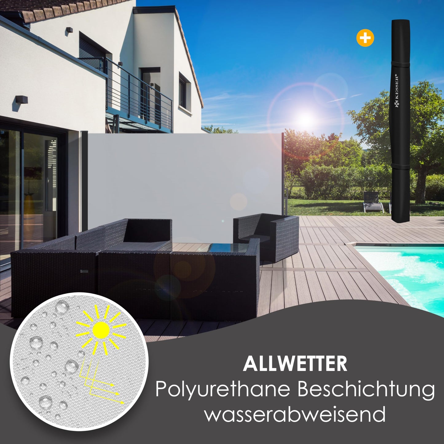 KESSER® Seitenmarkise ausziehbar Markise 300 x 180 cm Blickdicht Sichtschutz & Windschutz für Garten Balkon & Terrasse, Seitenrollo mit Wandhalterung, inkl. Wettercover Grau
