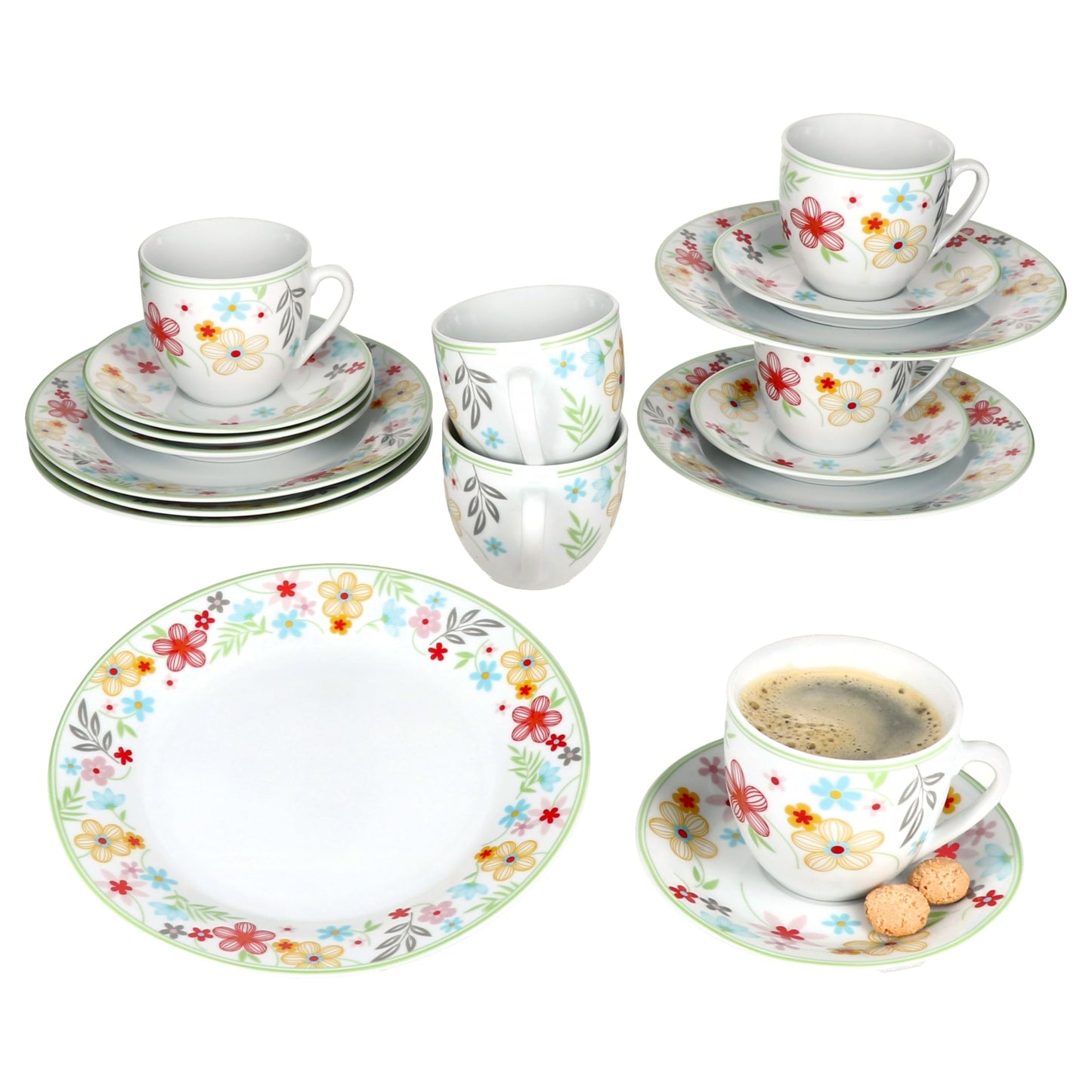 MamboCat Variant Blümchen 18tlg Kaffeeservice I farbige Porzellan-Kaffeeset für 6 Personen I Je 6X Kaffeetassen 200ml, Untertassen & Kuchenteller I buntes Geschirr für Frühstück & Kaffee
