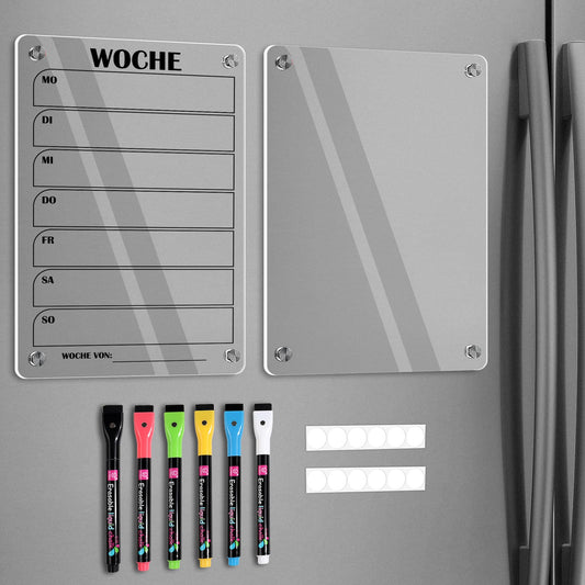 BIROYAL 2 Stück Wochenplaner Abwischbar, Acryl Wochenplaner Magnetisch, Kühlschrank Kalender Magnetisch, Transparent Planungstafeln mit 6 Whiteboard-Stift Haushaltsplan