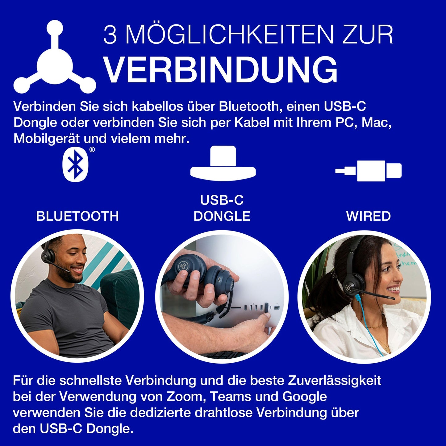 JLab Go Work 2nd Gen Headset mit Mikrofon Bluetooth & USB C Dongle, 55+ Std. Akku, Wireless Headset, On Ear PC Headset mit Mikrofon und Multipoint, kabellos oder mit Kabel, Headset für Handy, Büro