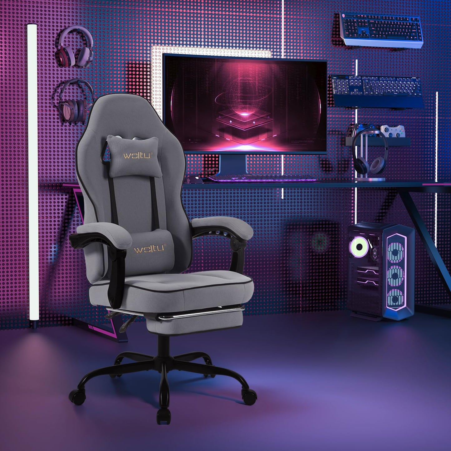 WOLTU Gaming Stuhl mit Taschenfederkissen, Gaming Sessel 150 kg Belastbarkeit, ergonomischer Drehstuhl, Gamer Stuhl mit Kopfkissen, Lendenkissen, Fußstütze, Netzstoff, Grau,GS11gr