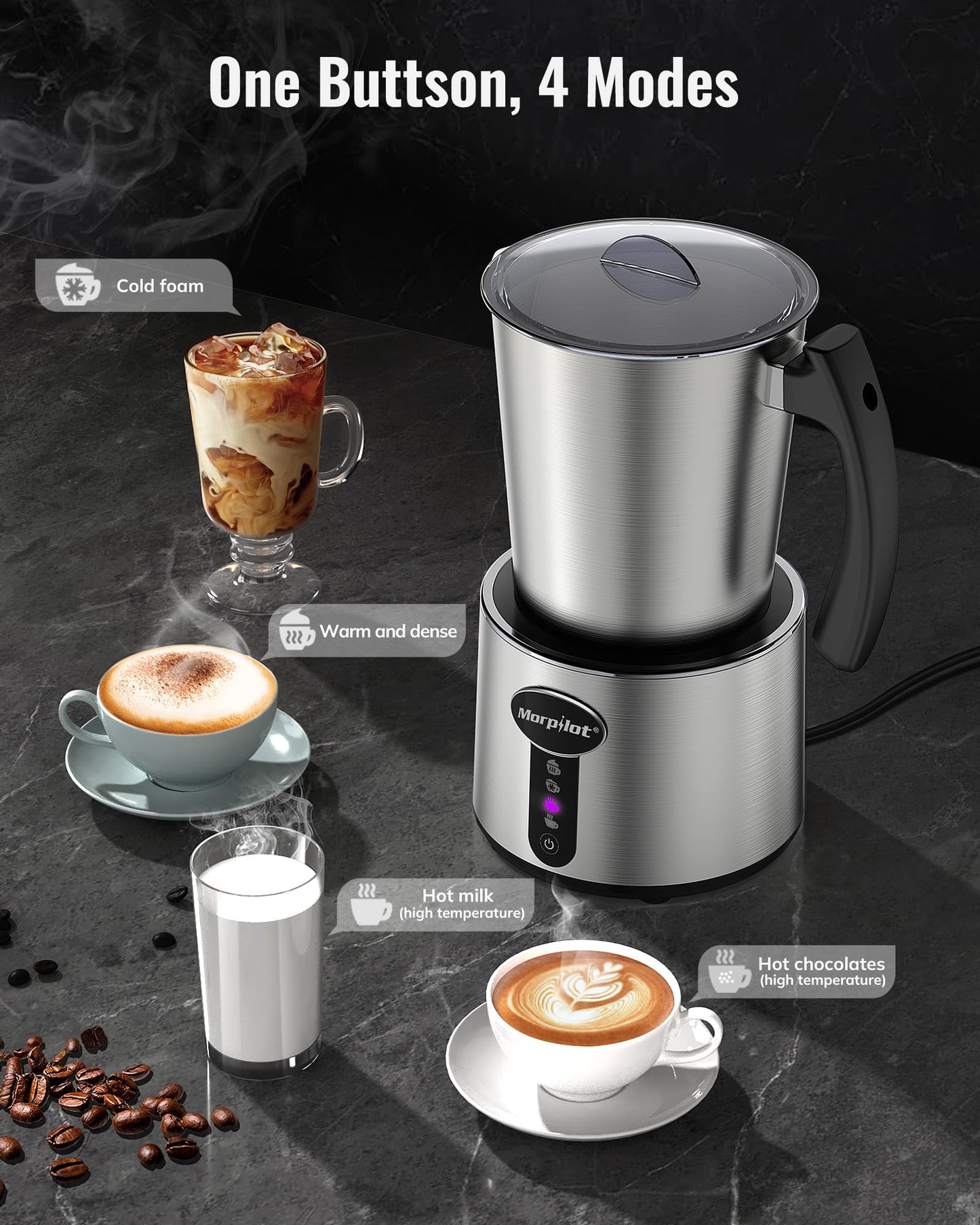 Morpilot Milchaufschäumer Elektrisch 4 in 1, 100-500ml, Milchschäumer für Heißer und Kalter Milchschaum und Schokolade, Antihaftbeschichtung, Spülmaschinenfest, Edelstahl