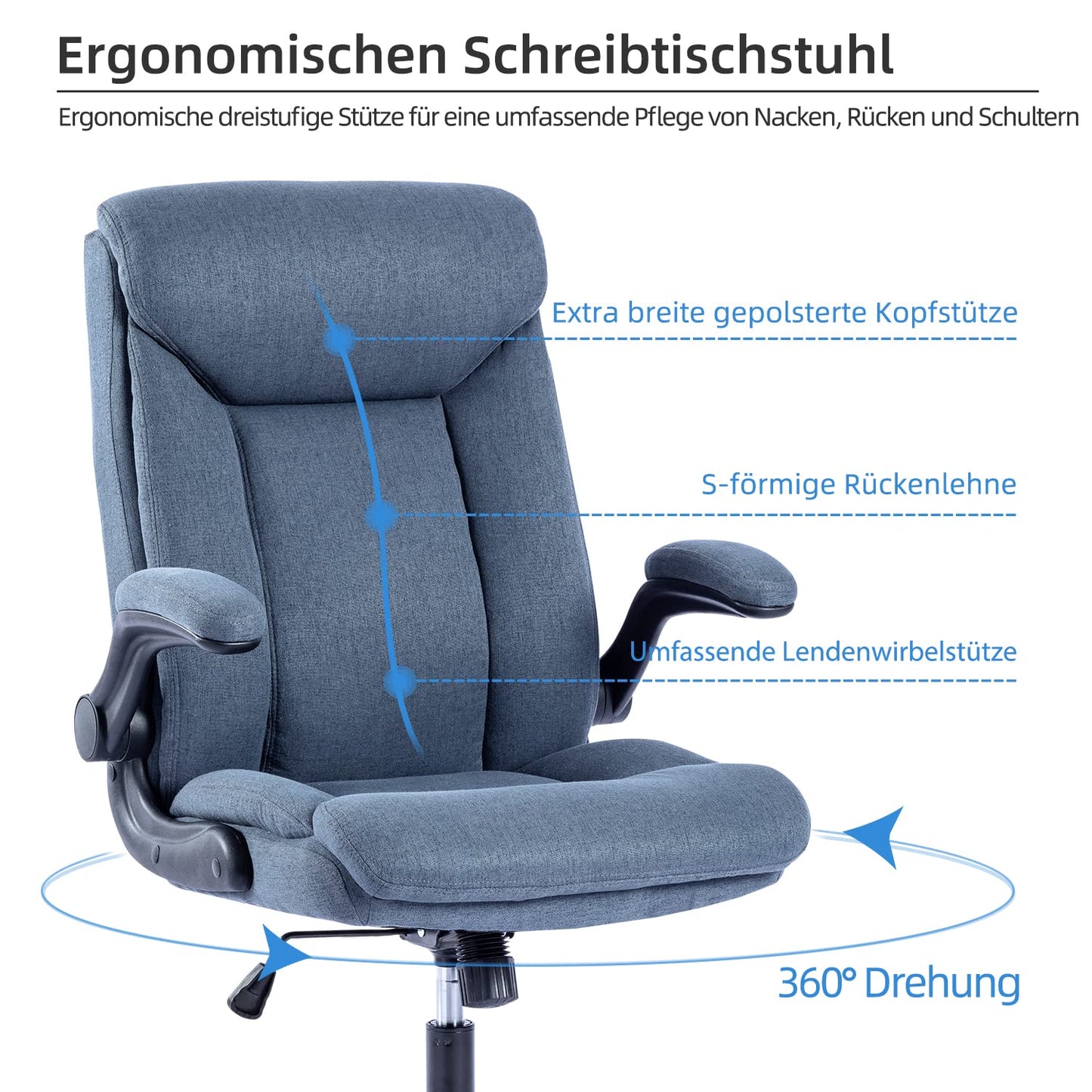 MZLEE Ergonomischer Bürostuhl Computerstuhl Schreibtischstuhl Drehbarer Arbeitsstuhl mit hochklappbarer Armlehne, höhenverstellbar, Bequem für Büro Heim Gaming (Navy blau)