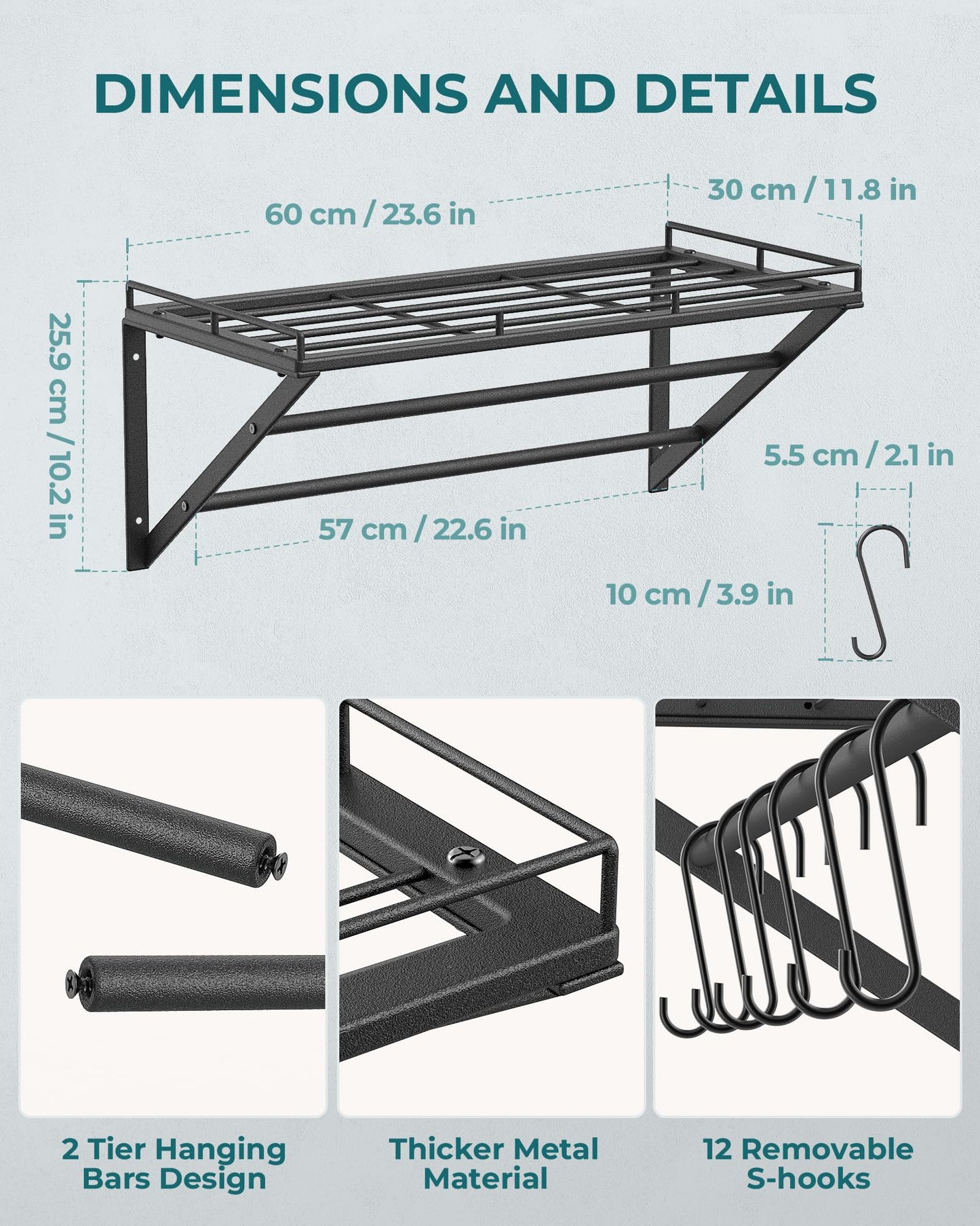 OROPY Topf-Rack, 3-Schicht Eisen Küchenregal Wandmontage, Pfannenhalter mit 12 Haken, 60 * 29.5 * 24.5cm, Küchenutensilienhalter, Küche Wandregal für Töpfe und Pfannen
