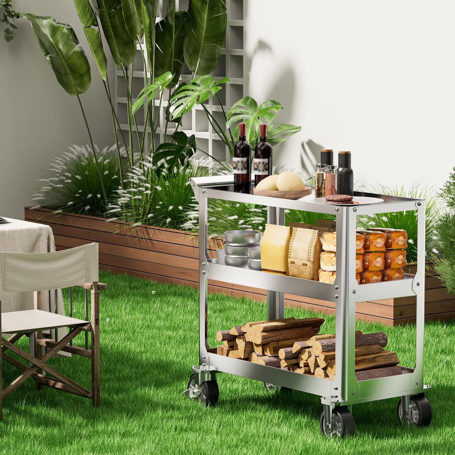 Edelstahl Rollwagen Werkstatt, 3-Etagen Rollbar Montagewagen mit 500kg Tragkraft, Multifunktionaler Materialwagen mit Rollen, Kommissionierwagen, Vielzweckwagen für Garage, Werkstatt, 78 x 46 x 92cm