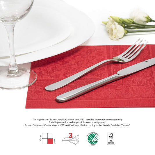 Papstar Servietten / Tissueservietten rot "Royal Collection", "Ornaments" (50 Stück) 40 x 40 cm, 1/4-Falz, für Gastronomie, Haushalt oder Feste, FSC-zertifiziert, Stoffoptik, #11667