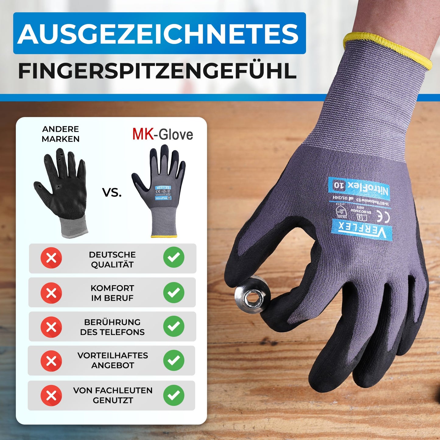 MK-Glove Arbeitshandschuhe Herren aus Nylongewirke (12 Paar) - Präzise und Angenehme Schutzhandschuhe - Robust Montagehandschuhe aus Atmungsaktiv Maschenware - Grau - 10-XL