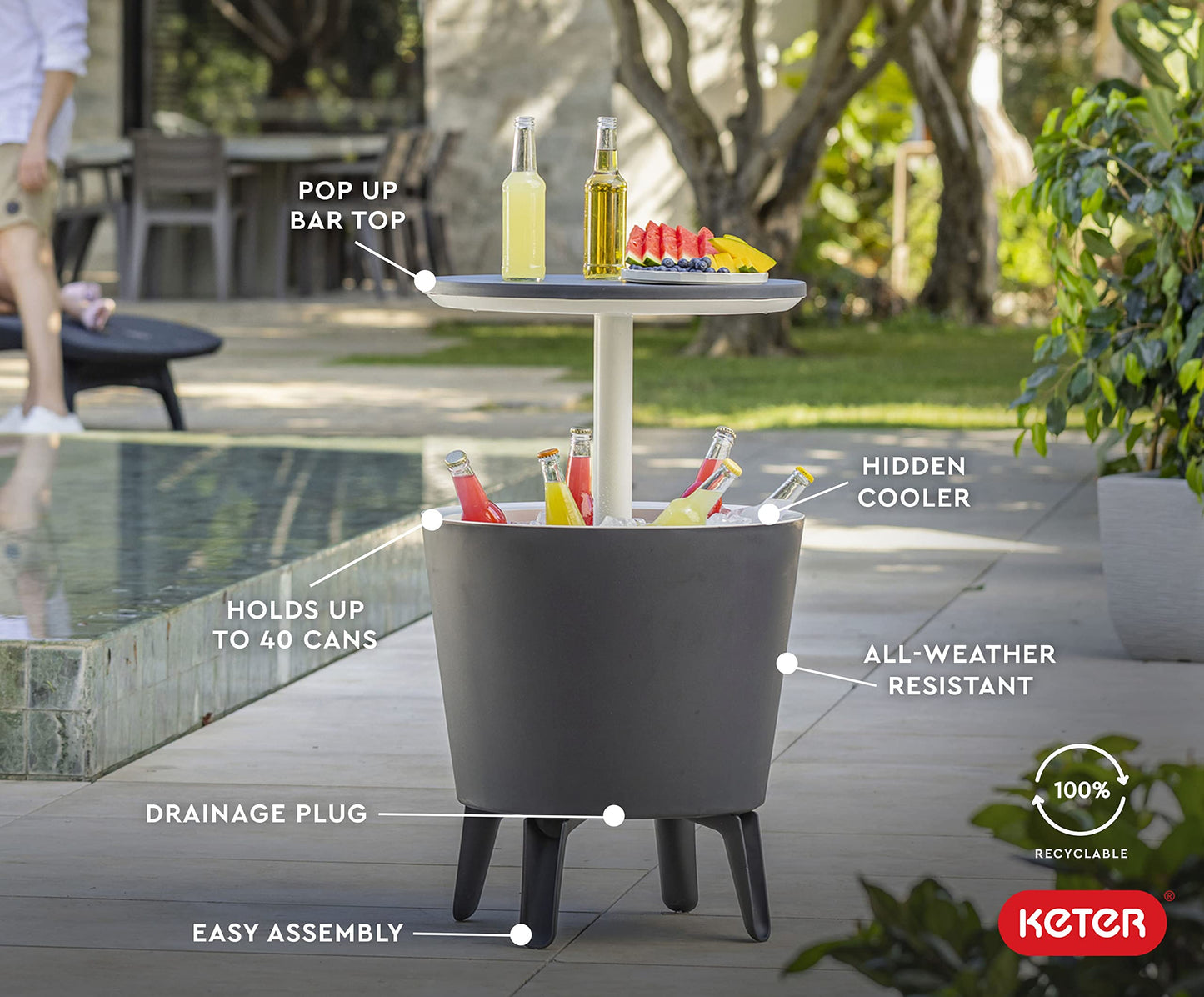 Keter Moderne Coole Bar-Outdoor-Terrassenmöbel und Whirlpool-Beistelltisch mit 2,5 l Bier- und Weinkühler, Dunkelgrau