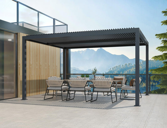 PURPLE LEAF Pavillon 3.65 x 4.25 m mit Lamellendach Freistehend Terrassenüberdachung Verstellbaren Aluminium-Lamellen Pergola Wasserdicht Stabil Winterfest, Grau