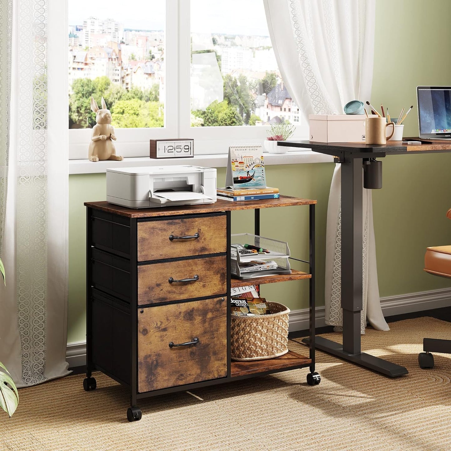 DEVAISE Rollcontainer, Aktenschrank mit 3 Stoffschubladen und 2 Offene Fächer, Büroschrank für Home-Office, Druckerständer, Vintagebraun