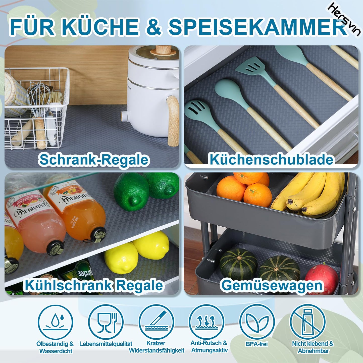 Hersvin Schubladenmatte 44.5cmx500cm Schrankpapier Schubladeneinlage Eva Wasserfest Nicht Klebende Unterlage Teppich für Küchenschränke (Grau/Gekreuzte Streifen)