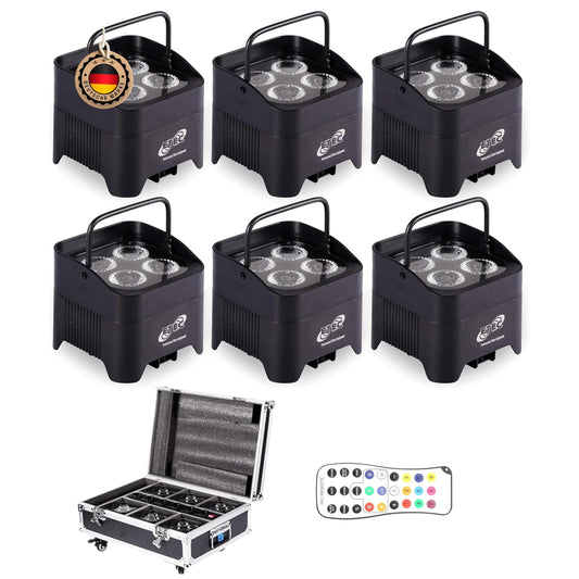 ETEC Professional 6x Akku LED Par Scheinwerfer E412 Wireless DMX Set mit Flightcase und Ladevorrichtung - Uplighting, Disco Licht, DJ Event Licht, kabellos mit Funk Wifi, Party, Dekoration