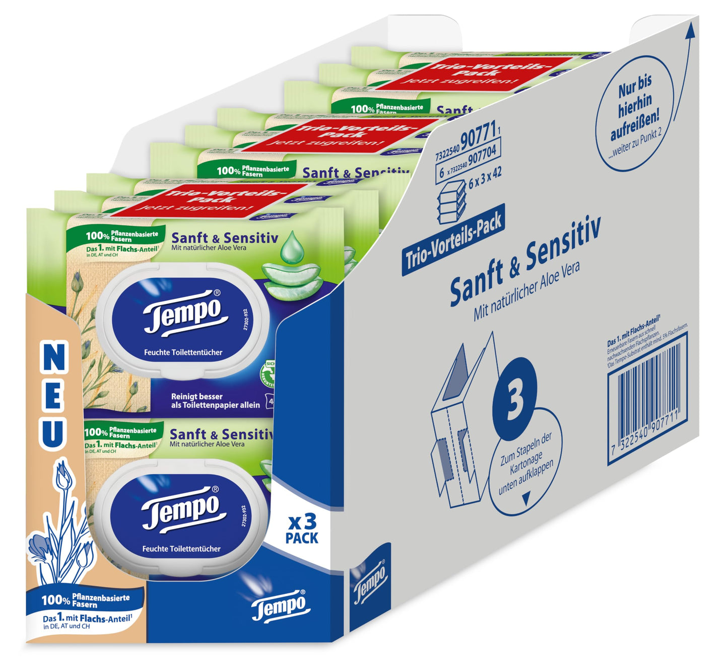 Tempo Toilettenpapier, feucht, sanftundsensitiv Trio-Pack (18 Packungen x je 42 Blatt), Großpackung, 1 kg