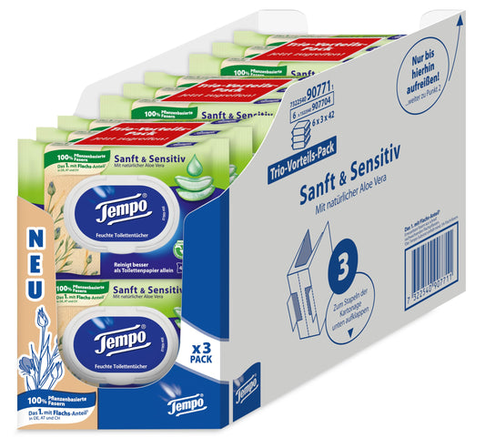 Tempo Toilettenpapier, feucht, sanftundsensitiv Trio-Pack (18 Packungen x je 42 Blatt), Großpackung, 1 kg