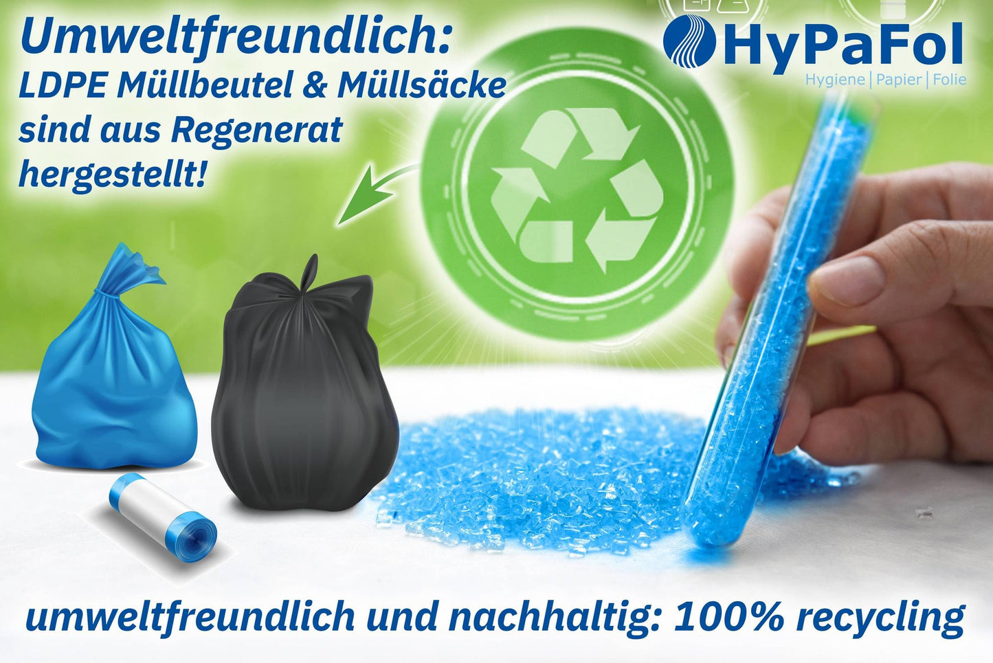 🆄🅽🆂🅴🆁 𝗧𝗜𝗣𝗣: Hypafol 100 Stück reißfeste Müllsäcke | extra starke Abfallsäcke | 10 blaue Rollen | 120 L Fassungsvolumen | stabile Müllbeutel aus umweltfreundlicher Recyclingfolie